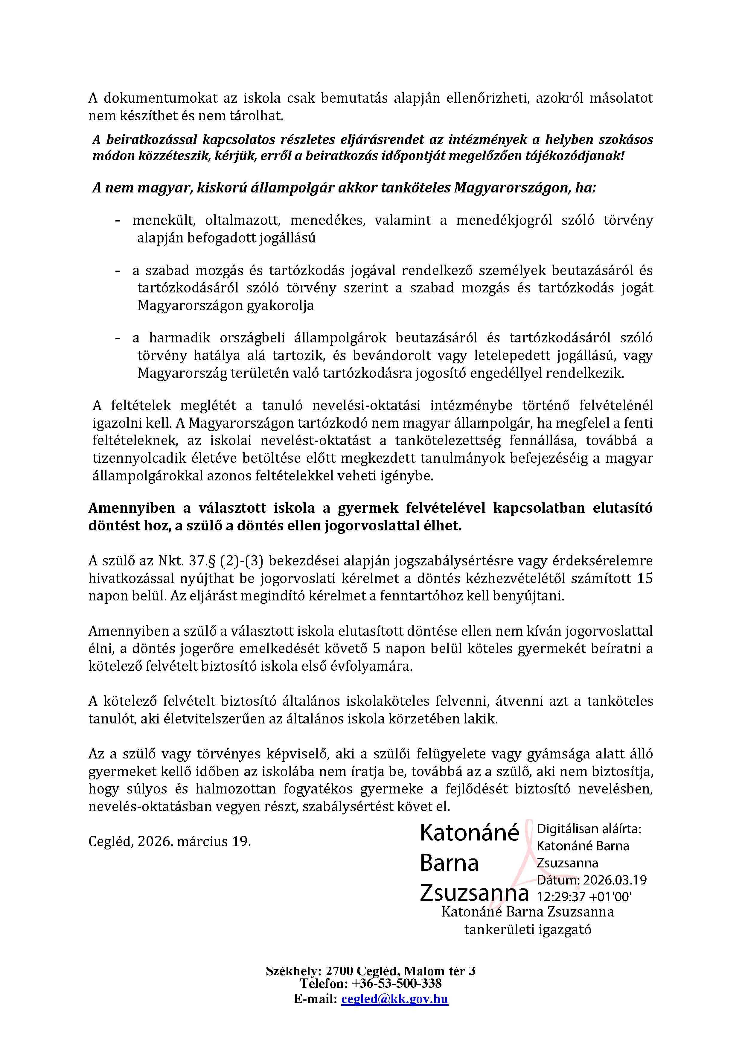 Hirdetmény 2026 27. általános iskolai beiratkozás Ceglédi Tankerületi Központ 2