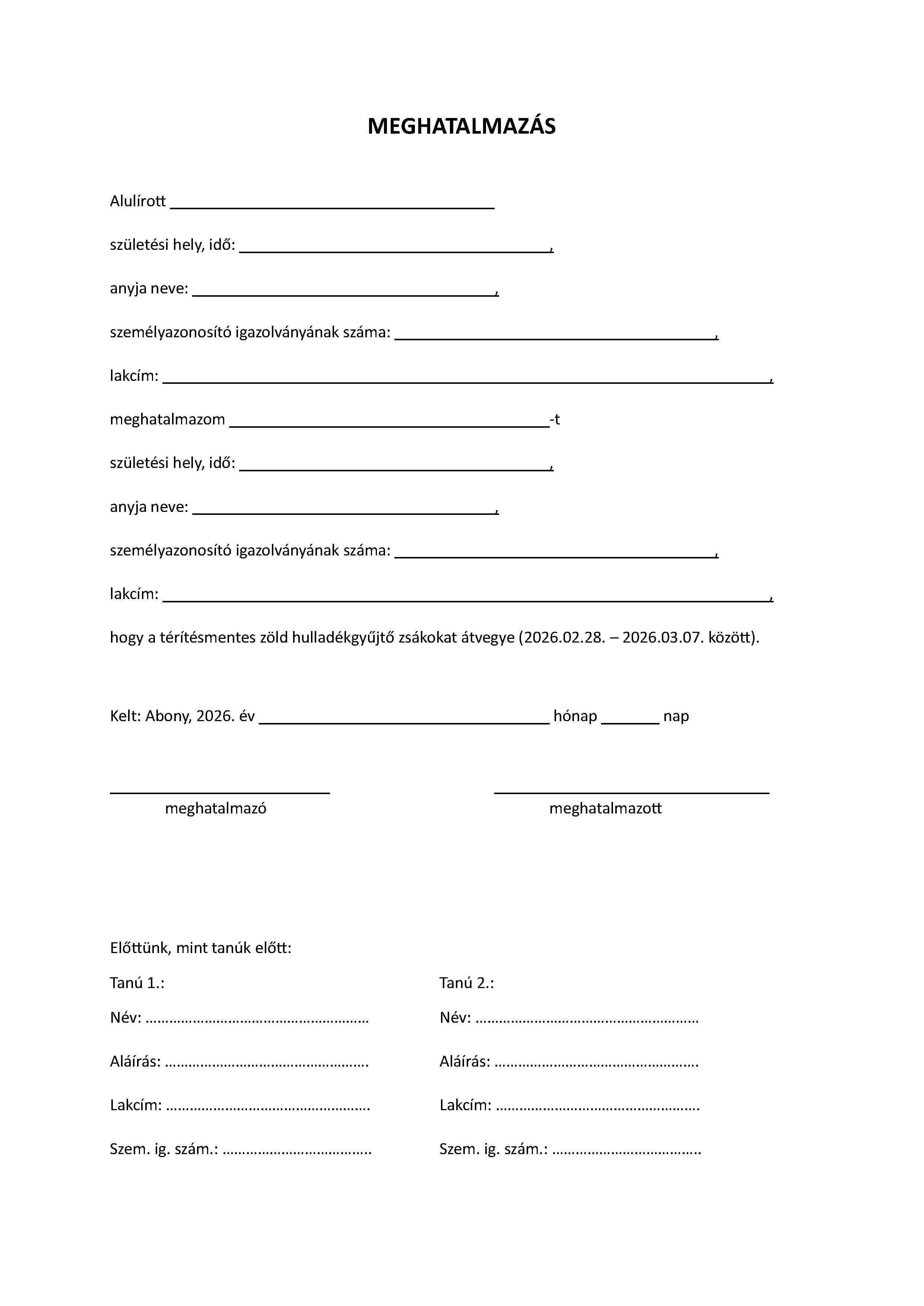 Meghatalmazás zsákosztás 20261