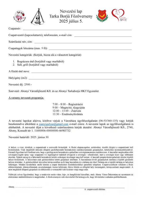 Tarkaborjú Főzőverseny nevezési lapja