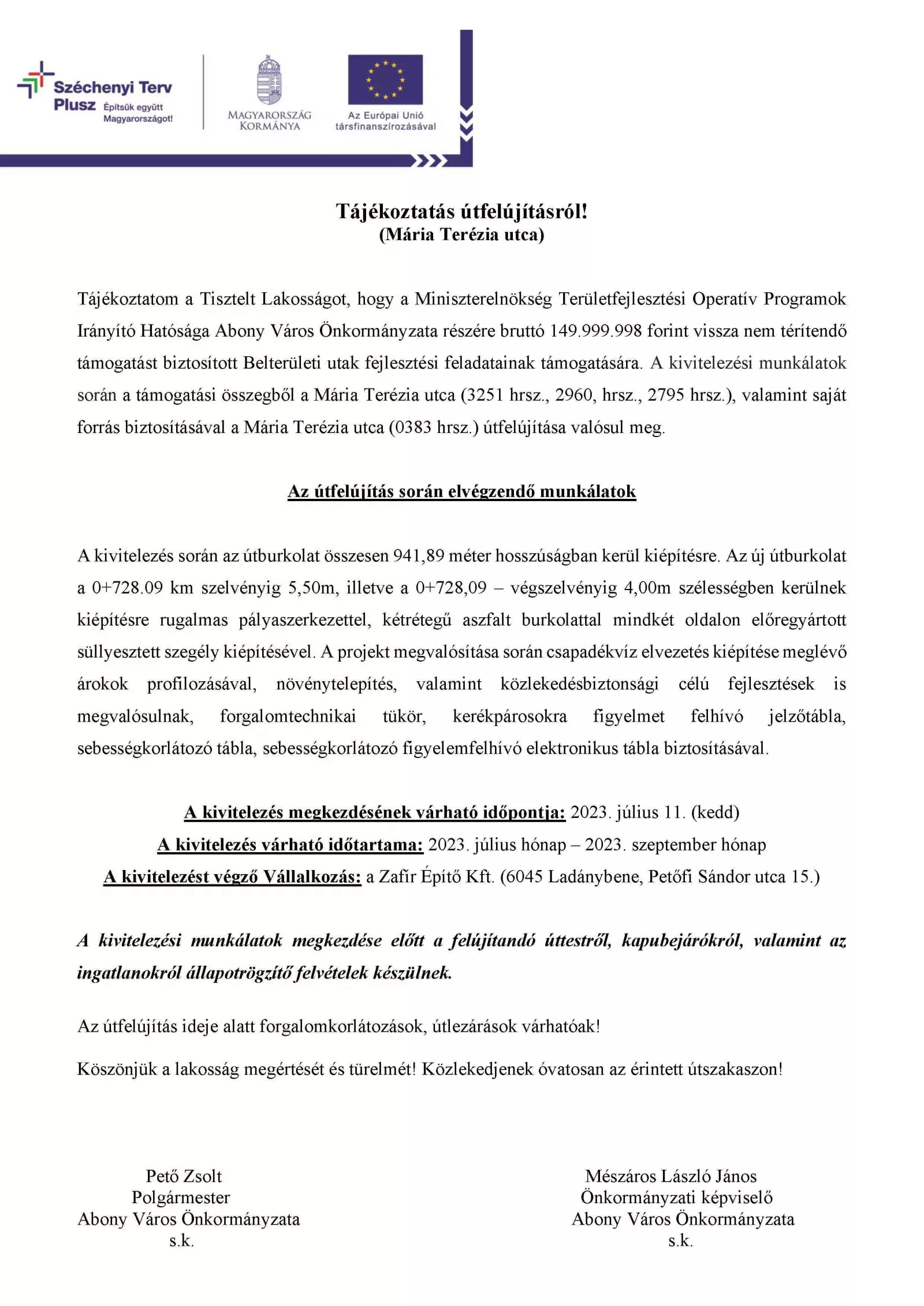 Tájékoztatás útfelújításról M T1