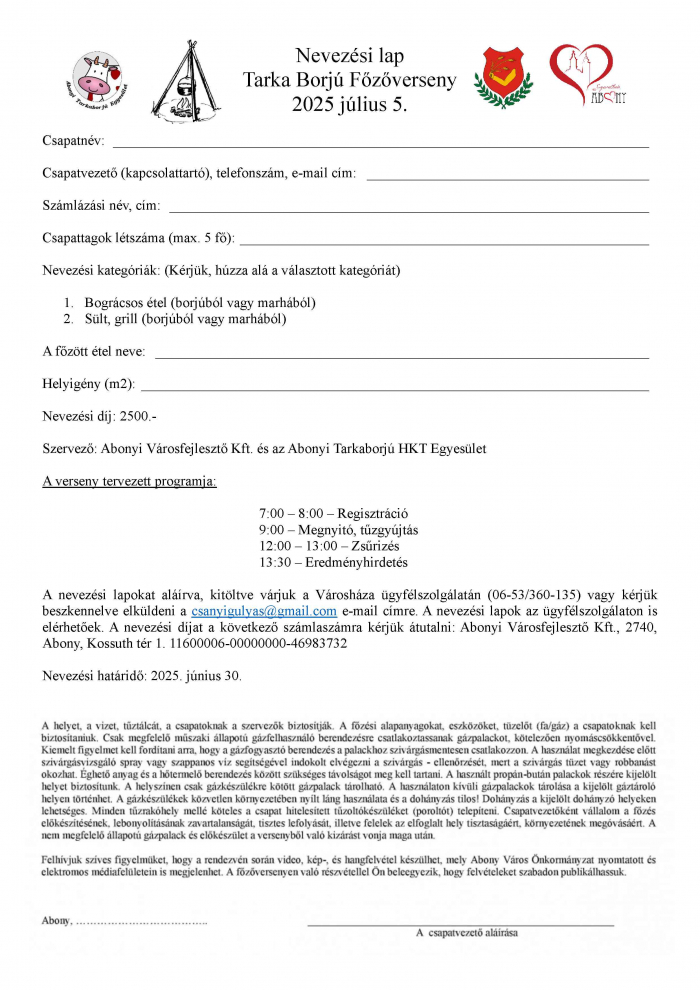 Tarkaborjú Főzőverseny nevezési lapja