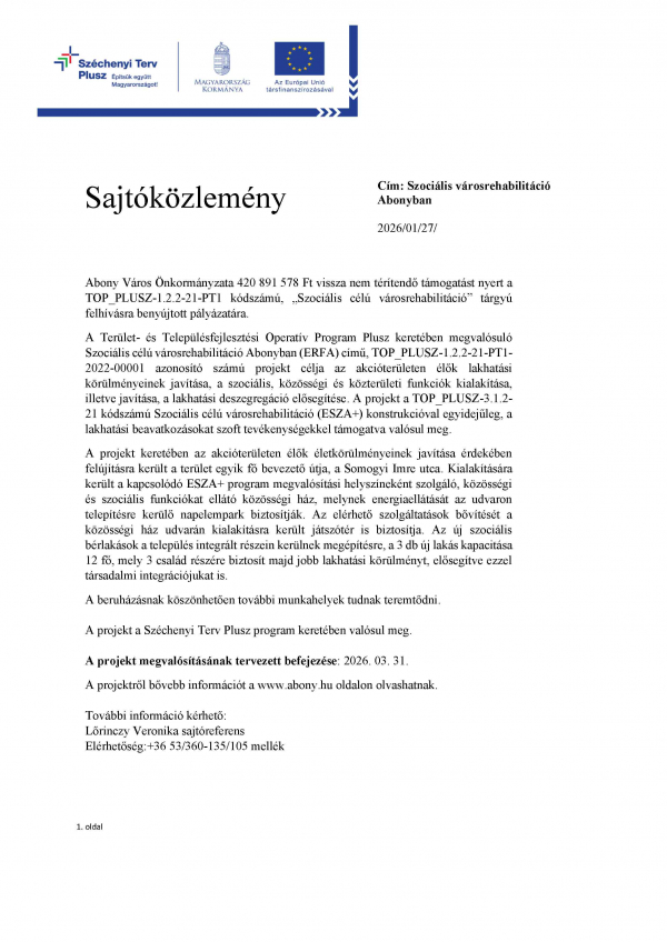 Szociális városrehabilitáció Abonyban