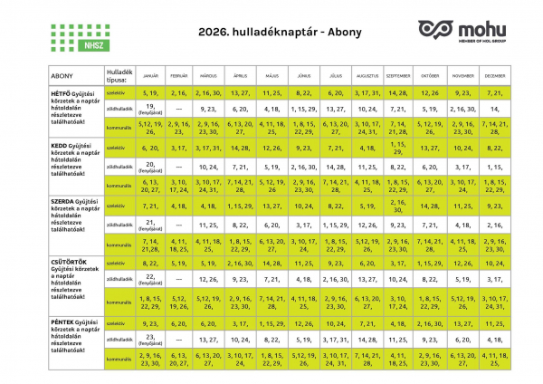 2026-os hulladékszállítási naptár